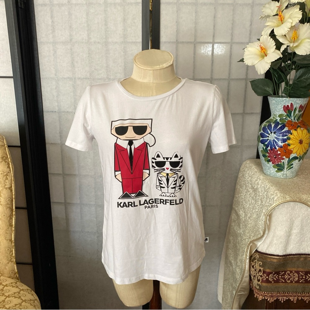 Karl Lagerfeld NWOT/D Signature Screenprint/Velvet Flocked T-Shirt Top Women XS